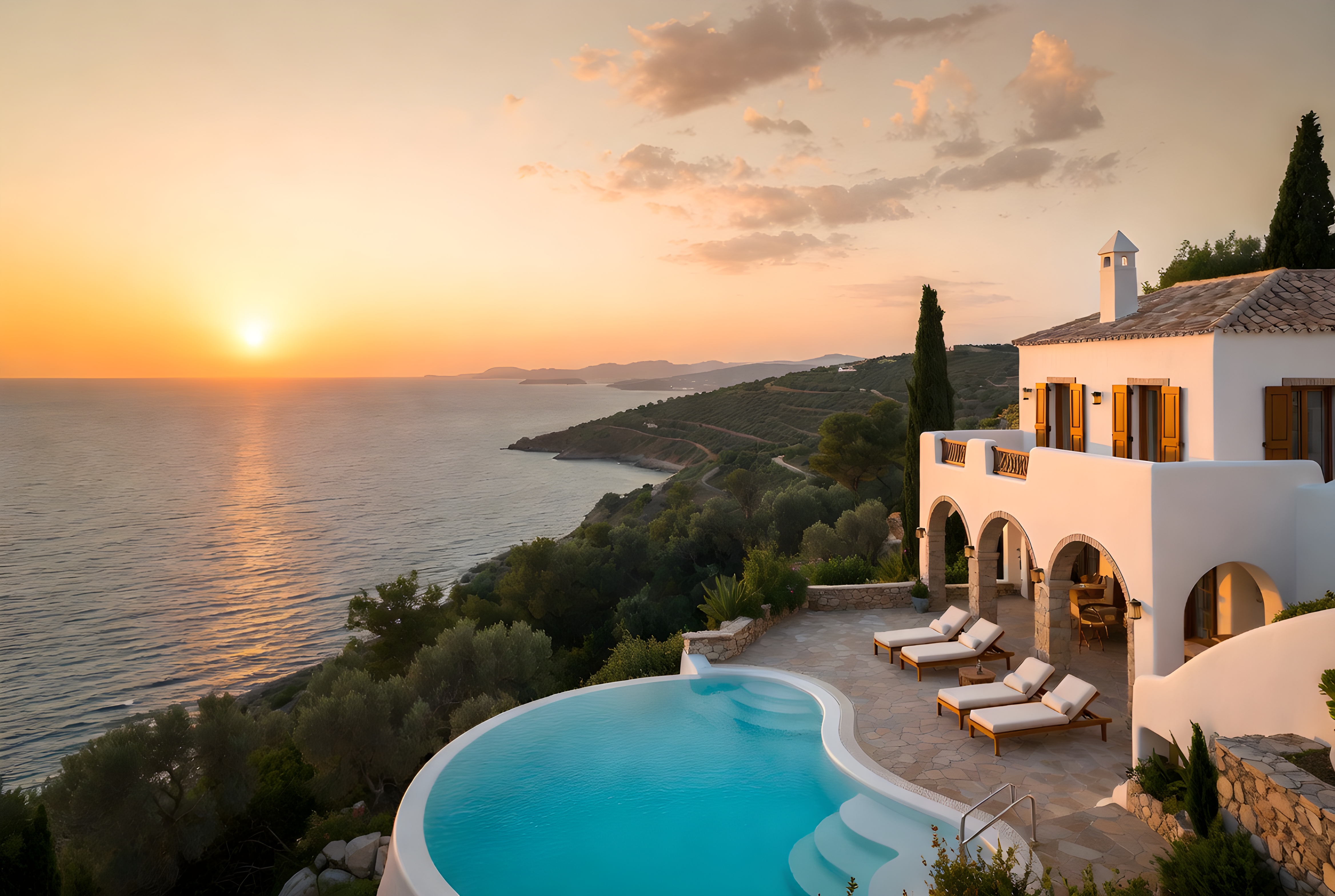 Mediterranean villa with pool at sunset